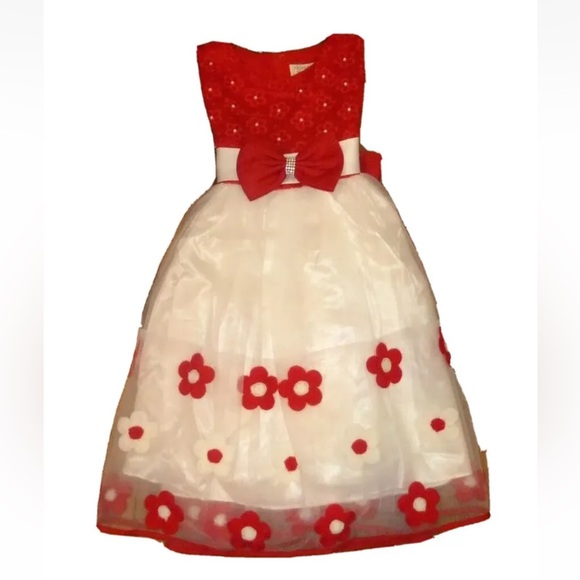 Girls Dress Red White Floral Sweetheart Pageant Birthday Pictures 5/6 New - Picture 1 of 7